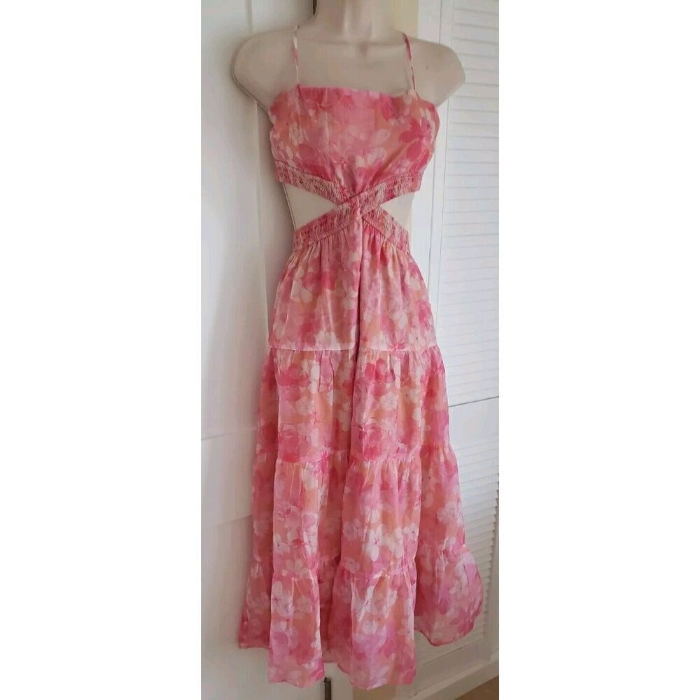 NEW DEE ELLY BEATRICE SIDE CUT OUT FLORAL PINK DRESS SZ MEDIUM - Picture 4 of 13